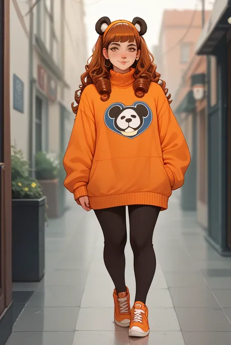  Create with a girl with curly very long dark cherry hair, panda maske, brauner oversize pullover, orange brown jogger, full body 