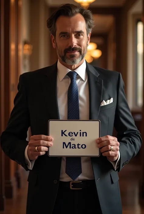 An elegant man with a sign that says Kevin de Matos