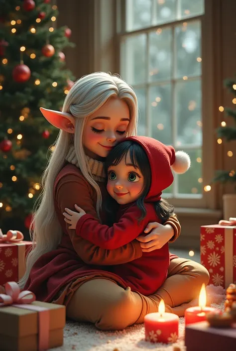  A Christmas picture of an elf woman with her daughter .  They are enjoying the holiday ,  and open gifts under a Christmas tree .  Next to her is a table with New Years treats .  The picture is very peaceful , sweet and kind .  Elf is a slender and tall w...