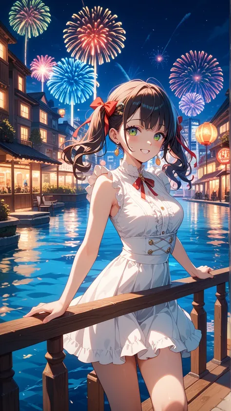 Anime-style illustration featuring a young woman with medium-length dark hair and fair skin, standing by a waterfront at night. She is wearing a sleeveless white dress with a red ribbon tied at the neckline. Her expression is cheerful, with large, expressi...