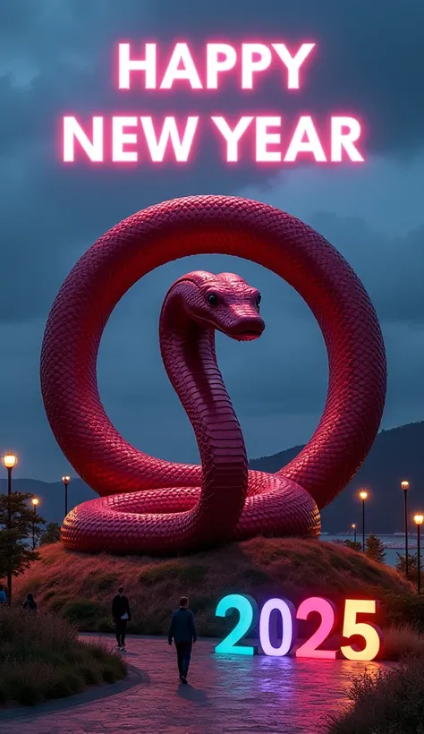 A circular sculpture in maroon in a shape of a snake with large text in neon white "Happy New Year" on top, at the bottom there is sculpture in rainbow colors "2025". The sculptures are on top of the hill and illuminated with several spotlight lamps. Midni...