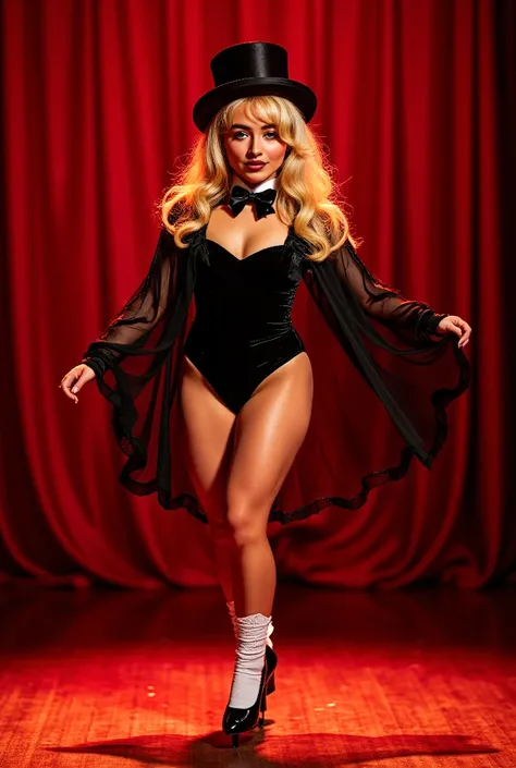 Sabrina Carpenter wearing a black leotard, with a black top hat, black bow with a white collar around her neck, black Mary Jane tap shoes with white socks, while tap dancing sexy, on a small wood board, with red curtains, showing her legs, with a beautiful...