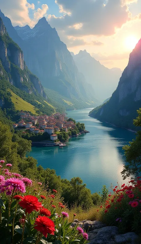 A small realistic town next to the river , mountains in the background,  colorful floral flowers ,  detailed landscape,  beautiful natural landscapes ,  atmospheric lighting , flowing reflective river on the horizon a realistic sun splendid good vegetation...