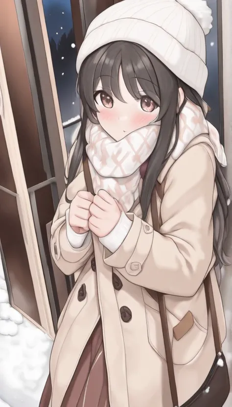 1girl, solo, long hair, black hair, hair intakes, white knitted hat, blush, Long khaki coat, duffle coat, long skirt, Woolen Scarf, carry a bag with both hands, shy, Winter Park, Snow is falling, looking at viewer, night, beneath the streets, 