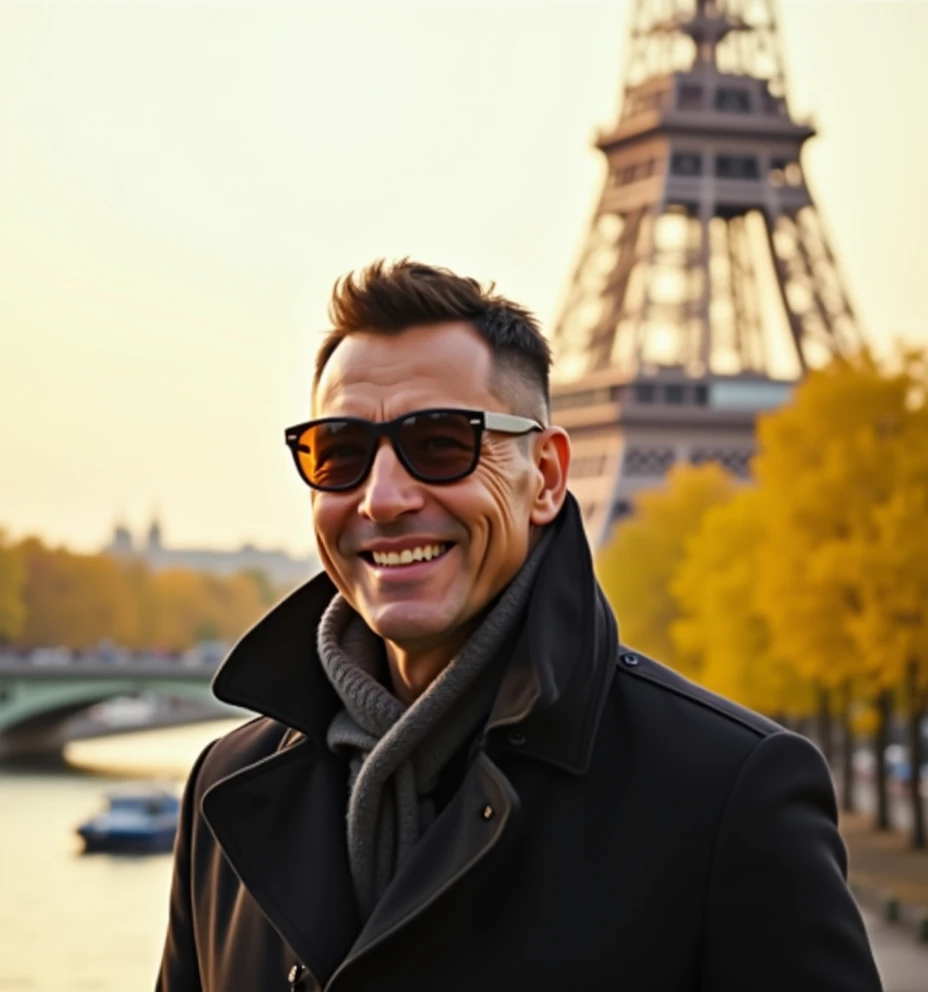     55-year-old asian man under cut hairstyle dark brown, strong and look good , soft tone   ,  Ultra-high-definition facial details , smile Closed lips , wearing sunglasses winter coat and trousers, half body visible, Looking at viewer looking at the phot...