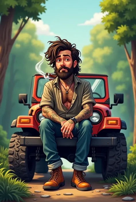 A young man, with trimmed beard and long curly hair, the man is having tattoos on his forearm and is wearing a loose oversized shirt. The man is sitting on a jeep and is smoking a cigar in a forest. 2D cartoon