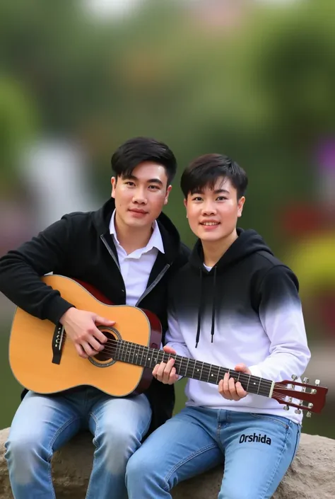 young Korean couple, facing towards the camera and smiling wearing a white shirt, black and black gradient hoodie jacket, jeans with Orshida written on it he is smiling and sitting on a giant rock, while the man is playing guitar and the background is a co...