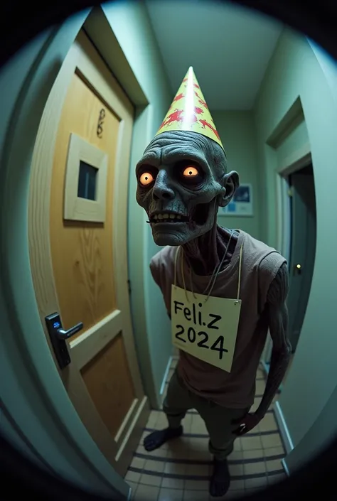  Security video of an electronic peephole with a fish eye lens ,  in color and with a lot of grain ,   showing a zombie wearing a party hat and a sign around his neck that says "Feliiz 2024 "  that approaches the door and rings the doorbell  