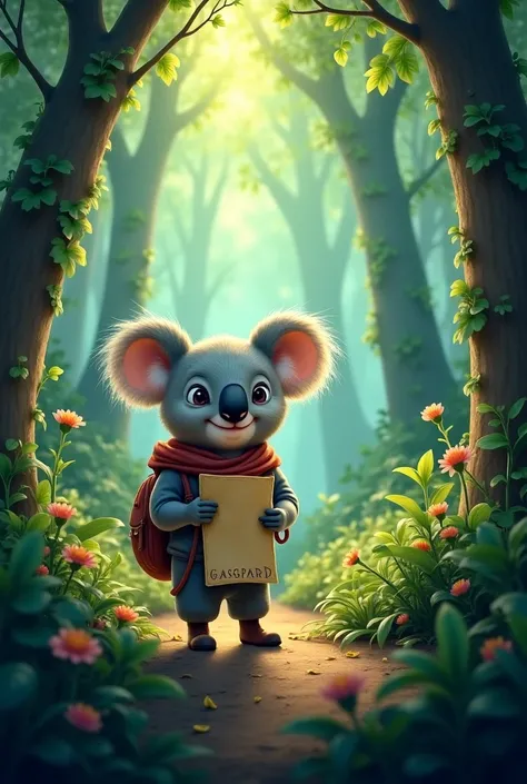 "Salut, Gaspard koala  !  You saw the map  ?  They say that there is a mysterious forest in the heart of the island, pleine de secrets et de merveilles !"