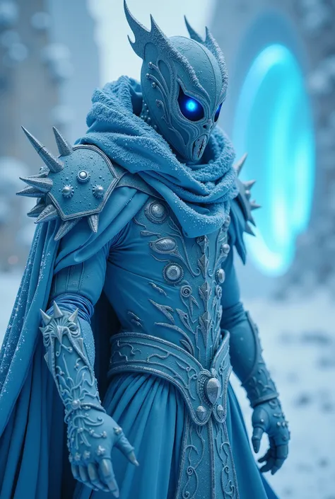 breathtaking cinematic science fiction photo of the blue snow wraith a non human masked Grim dressed as a futuristic mythic snow wraith dressed as The futuristic mythic snow wraith covered in snow completely masked with no humanlike face features Futuristi...