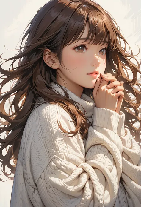 (masterpiece, Best Quality, Super detailed, Best Shadow) ,Close-up portrait of a Japanese woman with soft, long brown hair and bangs blown to the side by the wind. She’s wearing an oversized, fluffy white sweater, her hands covered by the long sleeves, fin...