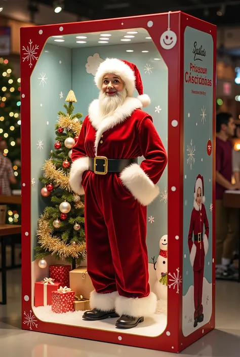 This image portrays a life-sized display box designed to resemble festive toy packaging, with a creative and whimsical holiday theme. Inside the transparent box stands a figure dressed as Santa Claus, complete with a traditional red velvet suit trimmed in ...