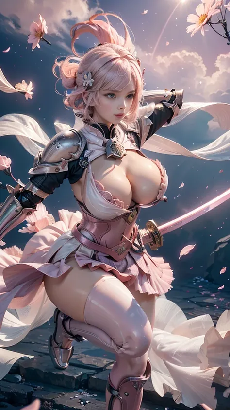  young woman, warrior,(wielding a katana_weapon:1.3), very detailedな, realisti,(light smile),Combat Stance,Acrobat Angle, Creative Action,  extremely detailed, Imaginative,  sensual, spontaneous ,  top quality ,  skin texture, ((flipped hair)),((Pastel pin...