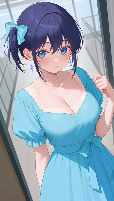 (masterpiece), (portrait), medium breasts (aesthetics), ((1 female 21 years old)), Highlight earrings), ((short hair, bow in her hair)), ((Hot crystal dark blue hair, side mini ponytail)), ((Nagisa Minase)) straight hair, thin eyes open, cold look, blue ey...