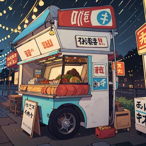 a taco truck in a busy, colorful and full of lights Japanse street