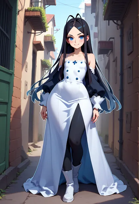 2d, thick outline, white outline, black outline, Giselle Gewelle, black hair, long hair, antenna hair, blue eyes, white dress, double breasted, collarbone, black leggings, white footwear, boots, curvy body, wide hips, huge hips, big ass, flirty smile, squi...