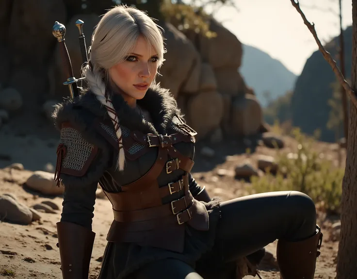The image is a high-resolution, cinematic-style photograph showcasing a striking woman with fair skin and long white hair, styled in a single braid draping over her right shoulder. She sits confidently on a wooden surface in a rugged forest landscape, her ...
