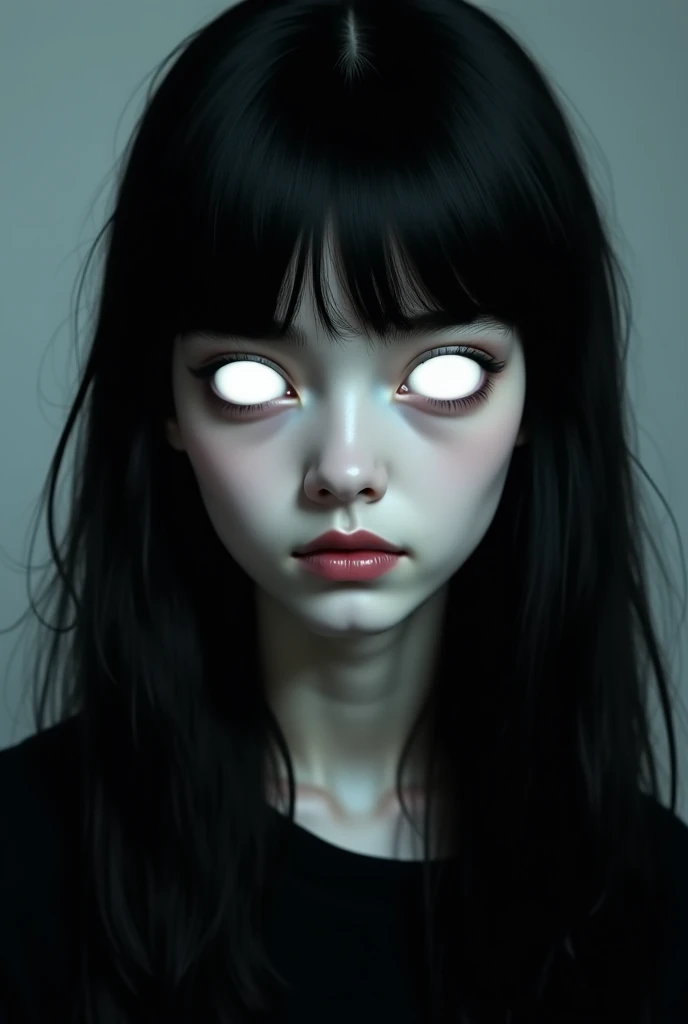 A young person with porcelain-like skin that is almost luminescent. Their eyes are pure white, with no sclera or pupils, giving them a completely blank, ethereal appearance. The hair is jet black, as dark as the abyss, cascading down smoothly over their fa...