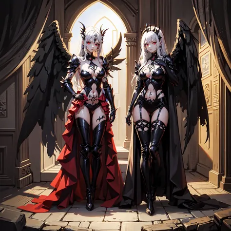 queen power armor , (gothic style), full body view , bellybutton, The most beautiful and sexy demon goddess, long white hair, glowing red eyes, wearing detailed black gothic battle armor, black angel wings, tattoos and piercings, gothic castle, perfect mas...