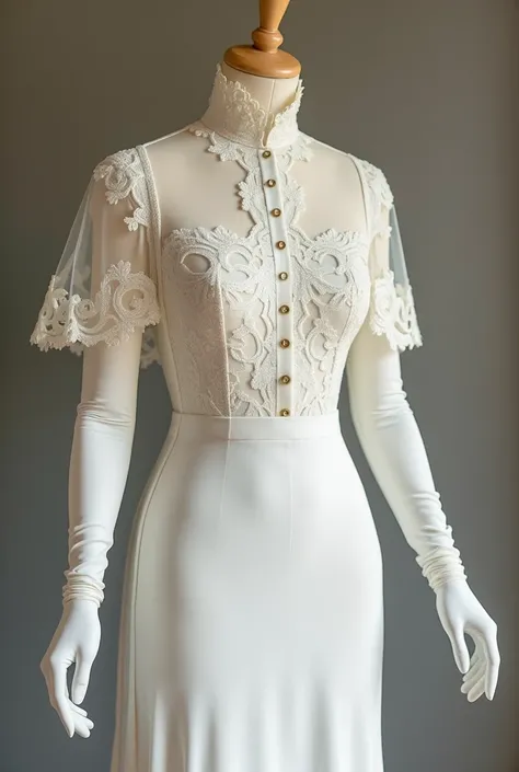 Design an elegant vintage white wedding dress with a high collar and cape-like sleeves that flow gracefully down the arms. The dress features intricate lace patterns, a fitted silhouette, and a row of small buttons running down the front. Include long, mat...