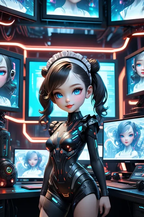 A cute maid with red twin tails hair in cyber space, surrounded by many holographic monitors, (Ultra Chibi Style:1.2),girl smiling, cyberpunk, realistic, (best quality,4k,8k,highres,masterpiece:1.2),ultra-detailed,(realistic,photorealistic,photo-realistic:...