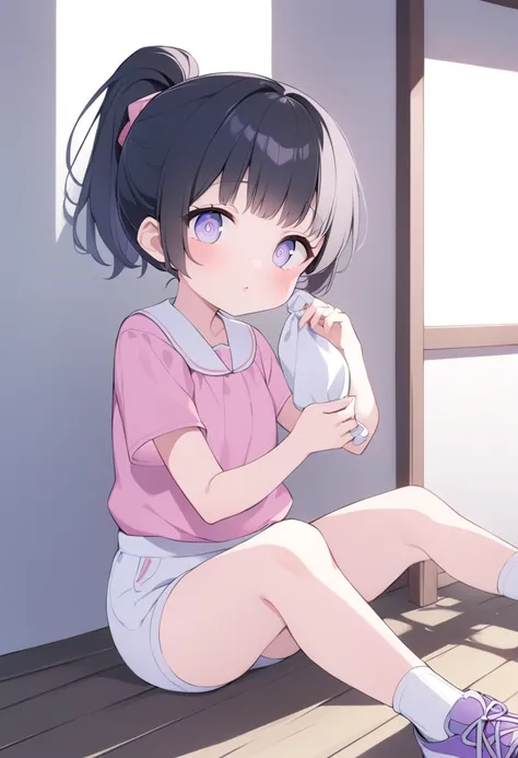 8k resolution, A typical Japanese fourth grader、、short sleeve pink shirt、 white hotpants、Stylish purple sneakers 、 holding white socks 、 black hair ponytail、Very young face、Clear double eyes 、 pink puffy lips 、Round eyes、(sit),