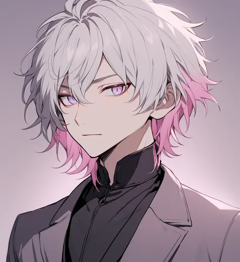 Close UP man face , Create an anime character A young Japanese man with an elegant and mysterious aura, featuring short, silver hair that is slightly tousled and falls just above his shoulders. His eyes are large, expressive, and a captivating pink color, ...