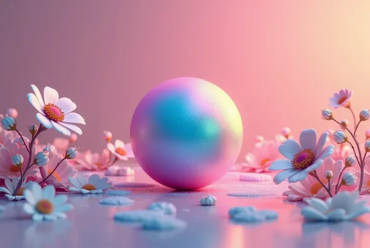  In the center, the ball is colored and bright, a beautiful background standing on the , and the background around it in one color, there should also be flowers in the background