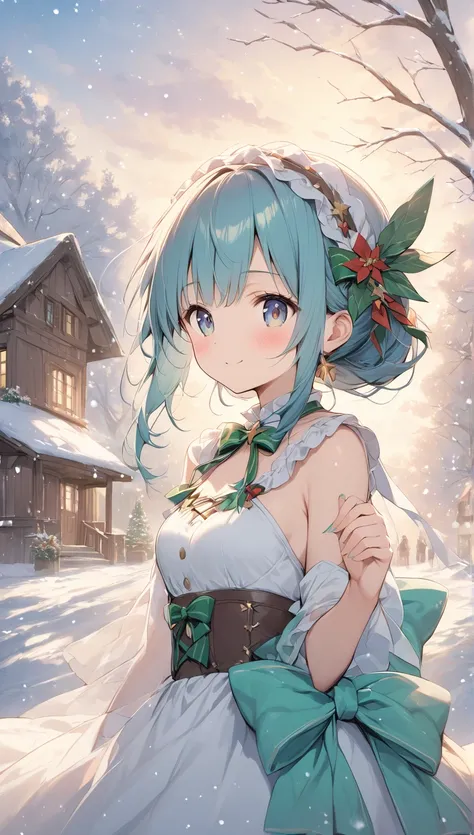    The bright lines and soft colors create a dreamy effect., A fleeting impression.., one woman、 Old Tree House     、I have a gift box、 cute、  fantasy 、  Fantasy Santa Outfit 、Villager、  sexy、((poor))、  its snowing、Snow-covered landscape、 a girl who perfor...