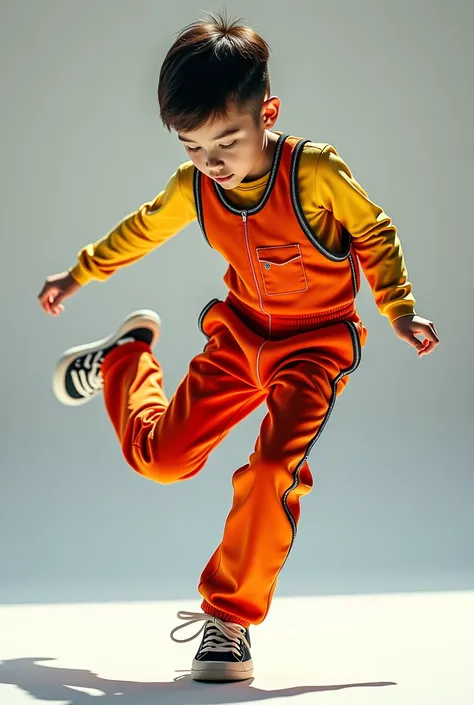 Slender boy in a jumpsuit  .   dynamic pose   ,   dynamic angle   