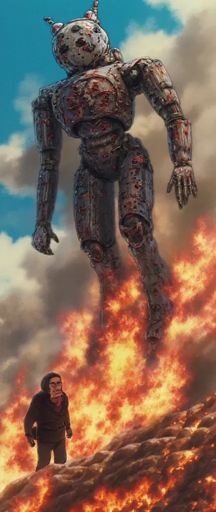 (masterpiece:1.2,Exceptional Quality,Milonish,Movie experience), best illustrations,8k,wallpaper, Dubai on fire, smoke in the air, (giant mechanical titan floating above),(Young man wearing a mechanical warsuit screaming out)
