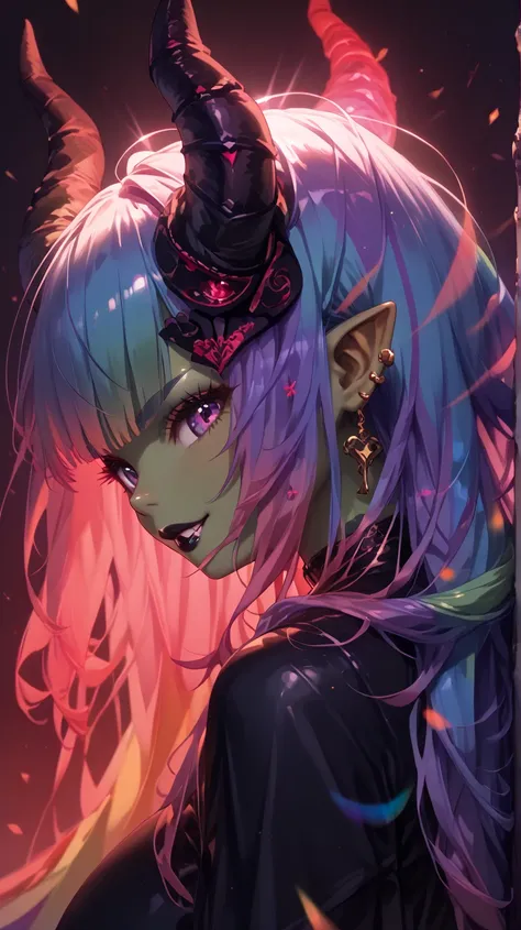 perfect hands, female goblin, (((dark green skin))), goblin ears, curvy body, giant breasts, giant ass, wide hips, detailed hair, (((very long rainbow hair:1.5))), bangs, (((rainbow hair:1.5))), detailed face, soft face, beautiful face, detailed eyes, anim...