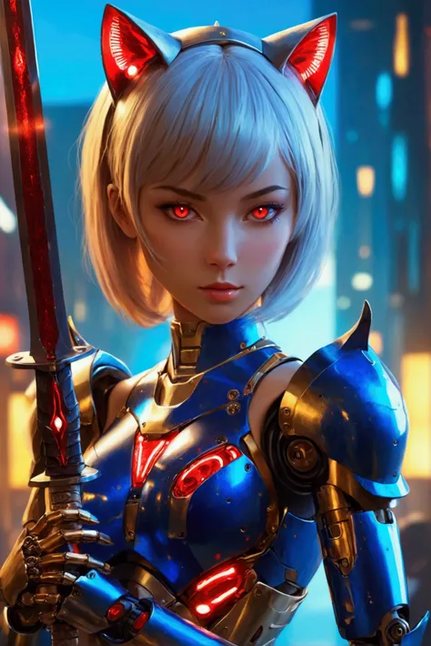  Female Robot ,  holding a sword , skin with a golden sheen,  wearing dark blue bikini armor, Cat ears,  skinhead,  red glowing eyes , Robot Face,  Robot Joints ,  big breasts,  Slim waist, Small Ass