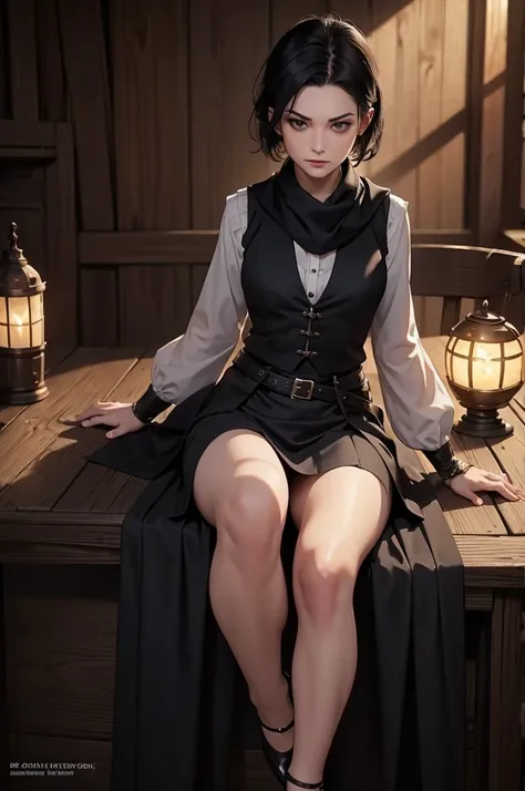 draw:  A secretary , thin, muito thin,  short black hair cuia style . bristle scarf ,  full body ,  9super thin waist9 best quality,  elegant skirt and vest . whole body,  with legs and feet . ((French)) 9,  arrogant look ,  top look , always, evil, Brux h...