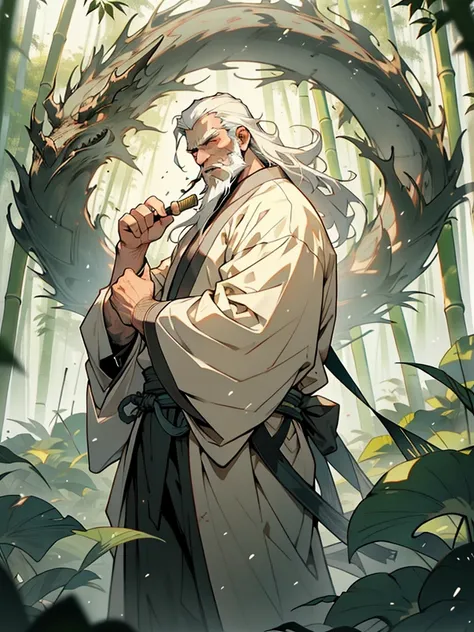 Deep in the bamboo forest, Chinese Ancient Times，raining day, A middle-aged male, 50yearsold, With a beard，long whitr hair，emaciated，dressed white hanfu, Standing in a bamboo forest, A hand touched his beard，Place one hand behind your back，look up to，Quiet...