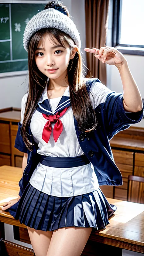 masterpiece,Product quality, 1 Japanese young and cute girl  ,  high school girl,18 years old,smile,(  taken from below   :1.3),( Taimo emphasis :1.3),Daytime, (High school classroom:1.2),( short sleeve shirt  :1.3),(  high school girls uniform,  sailor su...