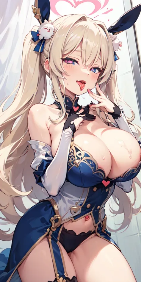 masterpiece ,
SOLO,full ,long tongue
,erotic face,erotic expression,
,huge breasts,
half closed eyesï¼smugï¼
 double v,open mouth, tongue, naughty_face, saliva, heart in eye, heart-shaped pupils, 
 outfit-bunnyArtoriaï¼smile,triangle mouth,drooling, hig...