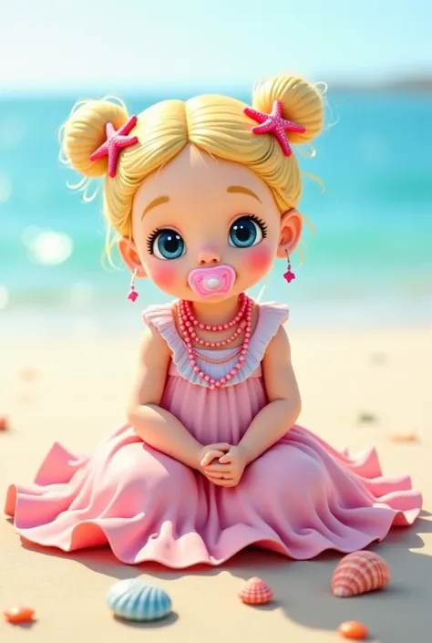  Can create an image for me ? 

 → a   ,  sitting on the edge of the beach ,  with a pink dress with blue in light tones , pink necklaces , a pacifier in the mouth ,  and several shells around . Blonde hair tied in two little marias and with starfish as an...