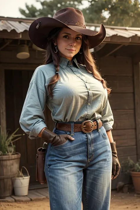 (late afternoon), (looking away from viewer:0.9), (angled away from viewer:0.9), eye-level medium cowboy shot, (soft lighting), younger, extremely tall lanky Jewish-American woman, symmetric green eyes, (outdoors), (vast western cattle pasture), dusty, hea...