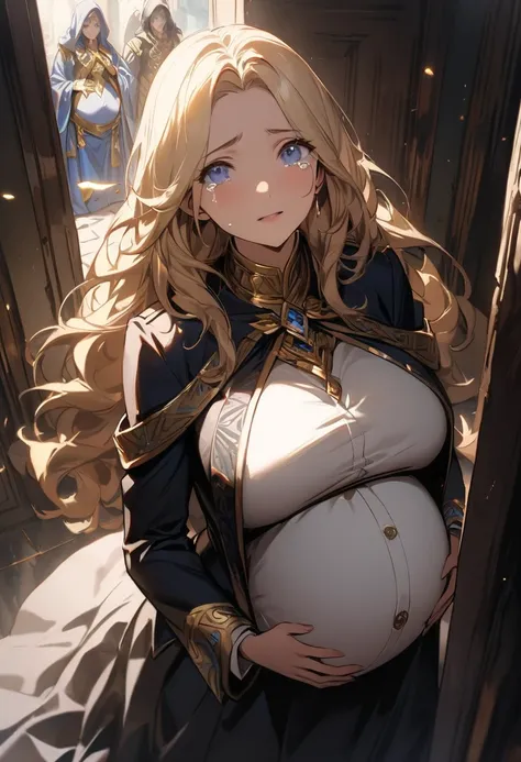 (  masterpieces at the front door of the house  ,  top quality:1.2),  1 girl ,  milf, mature woman,  wavy blond hair , Pregnant woman kneeling ,  blue eyes, (Luxurious blue monk uniform framed with gold), Fantasy Saints , (((Im in tears and Im filled with ...