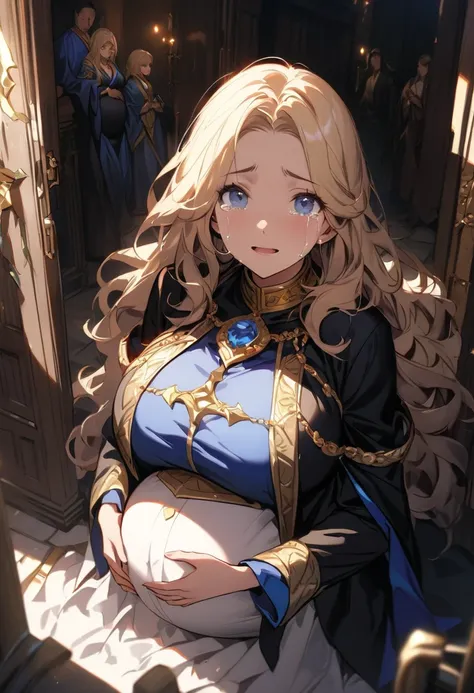 (  masterpieces at the front door of the house  ,  top quality:1.2),  1 girl ,  milf, mature woman,  wavy blond hair , Pregnant woman kneeling ,  blue eyes, (Luxurious blue monk uniform framed with gold), Fantasy Saints , (((Im in tears and Im filled with ...