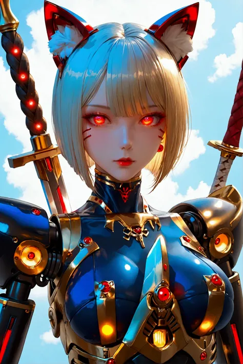  Female Robot ,  holding a sword , skin with a golden sheen,  wearing dark blue bikini armor, Cat ears,  skinhead,  red glowing eyes , Robot Face,  Robot Joints ,  big breasts,  Slim waist, Small Ass