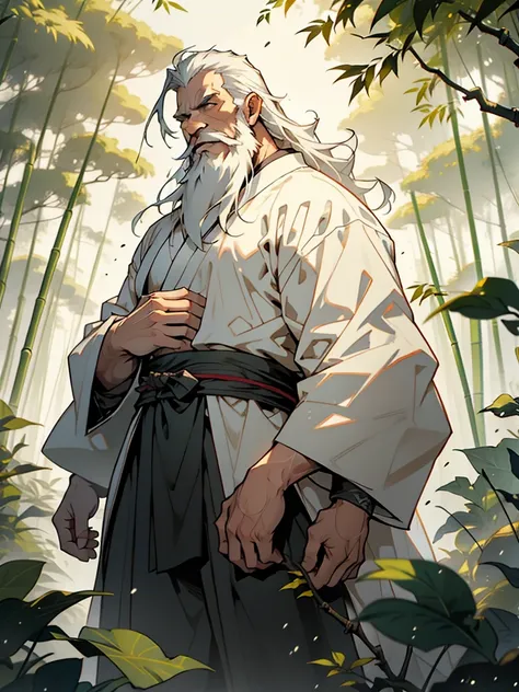 Deep in the bamboo forest, Chinese Ancient Times，raining day, A middle-aged male, 50yearsold, With a beard，long whitr hair，emaciated，dressed white hanfu, Standing in a bamboo forest, A hand touched his beard，Place one hand behind your back，look up to，Quiet...