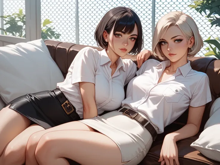 Three woman short hair, white collared shirt short sleeves, belt, short black pencil skirt, lounging seductively, white fence, bougainvillea