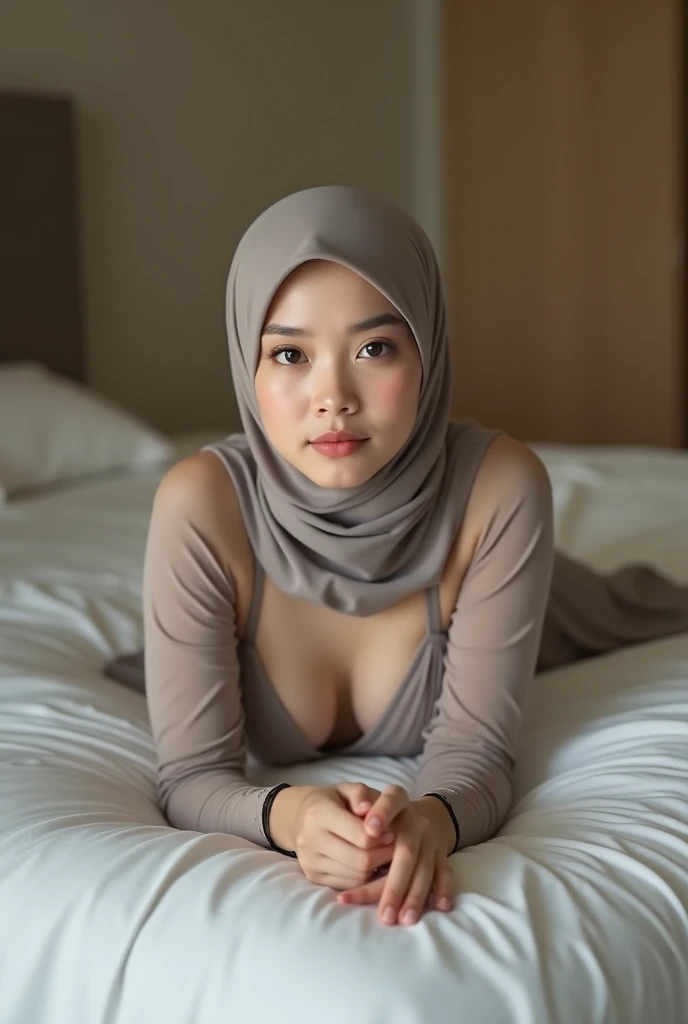 Lying on the bed,Gadis melayu hijab pakai bra