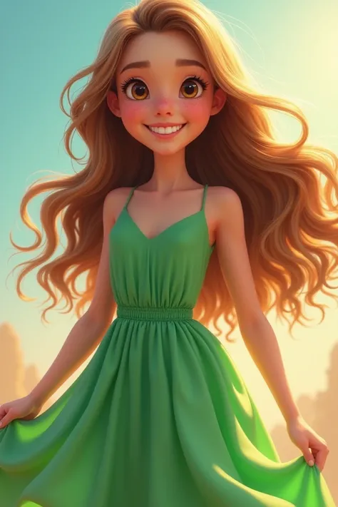 Smiling teenage girl with full body wavy hair on her back in a green dress 