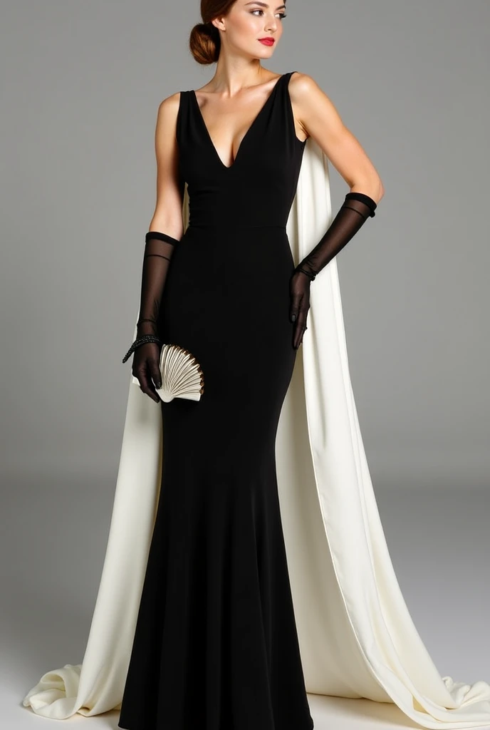 Create an elegant and sophisticated outfit consisting of a sleek, sleeveless black evening dress with a fitted silhouette. The dress is styled with a long, flowing white cape attached at the shoulders, draping dramatically behind. Add sheer black gloves th...