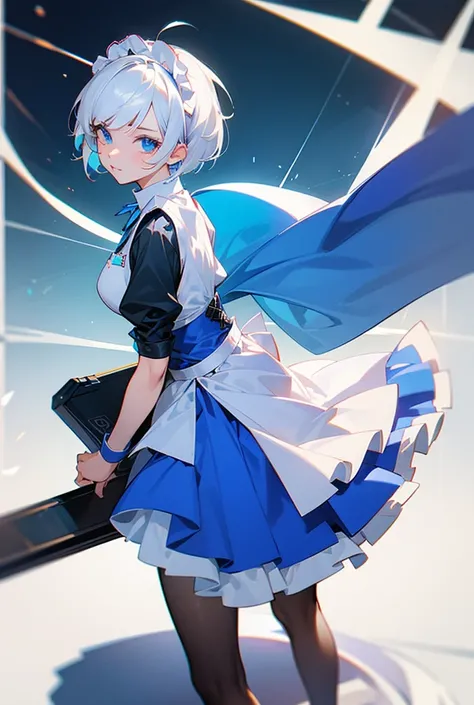 Make a female teenage character, with short white hair,  with blue eyes ,  wearing a maid outfit, in anime
