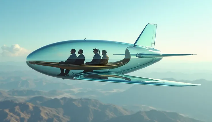 The plane is completely transparent flying above the ground, you can see how people are sitting.  maximum quality, HD. 16K