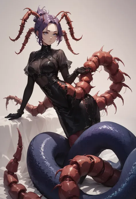 Centipede girl. Lamia style. image color black. Black body and blue leg Centipede. Antennae. Short ponytail. Purple hair. Forehead.